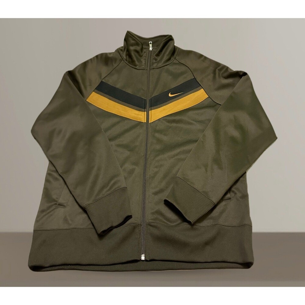 Nike Y2K Olive Green Full-Zip Bomber Jacket with Black and Gold Chevron L